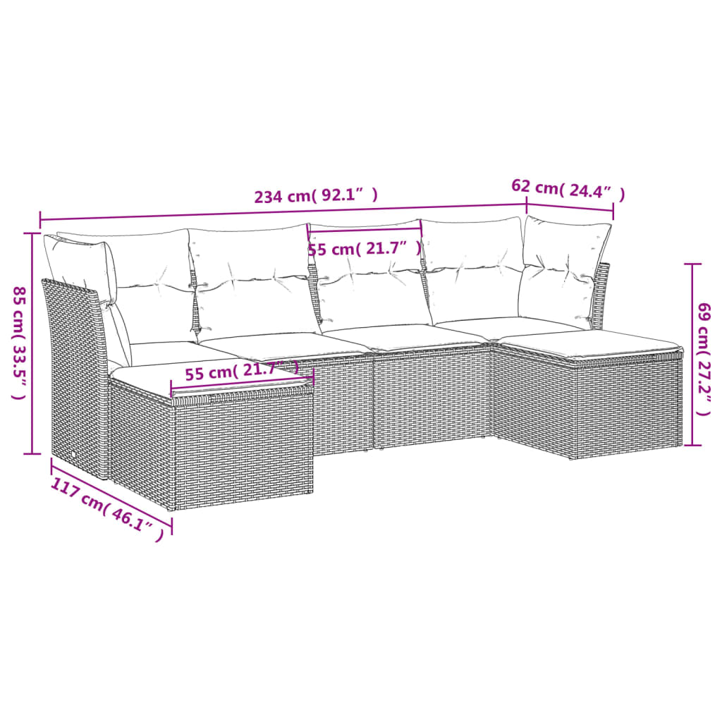 HKH 6 Pcs Conjunto Sofás de Jardim com Almofadões Vime - Cinzento