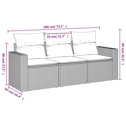 HKH 3 Pcs Conjunto Sofás de Jardim C/ Almofadões Vime Pe - Cinzento
