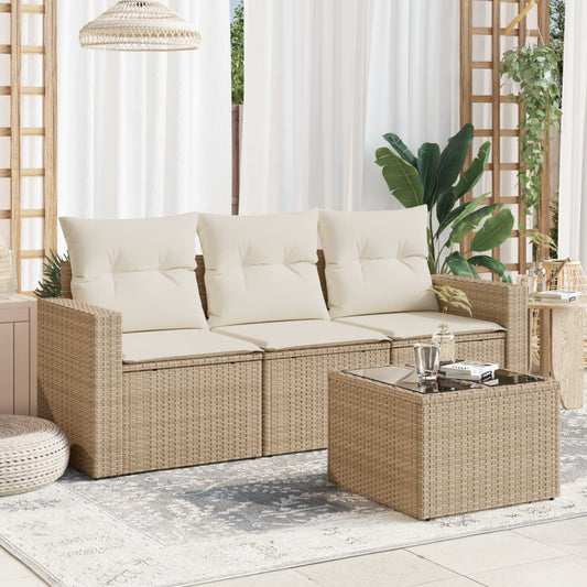 HKH 4 Pcs Conjunto de Sofás para Jardim C/ Almofadões Vime Pe - Bege