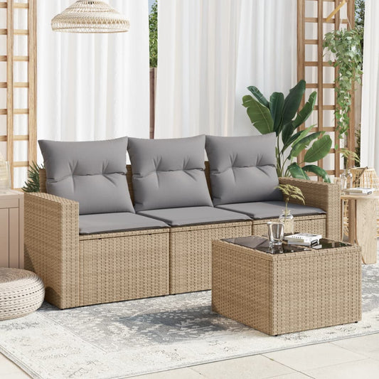 HKH 4 Pcs Conjunto de Sofás para Jardim C/ Almofadões Vime Pe - Bege