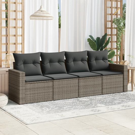HKH 4 Pcs Conjunto Sofás de Jardim C/ Almofadões Vime Pe - Cinzento