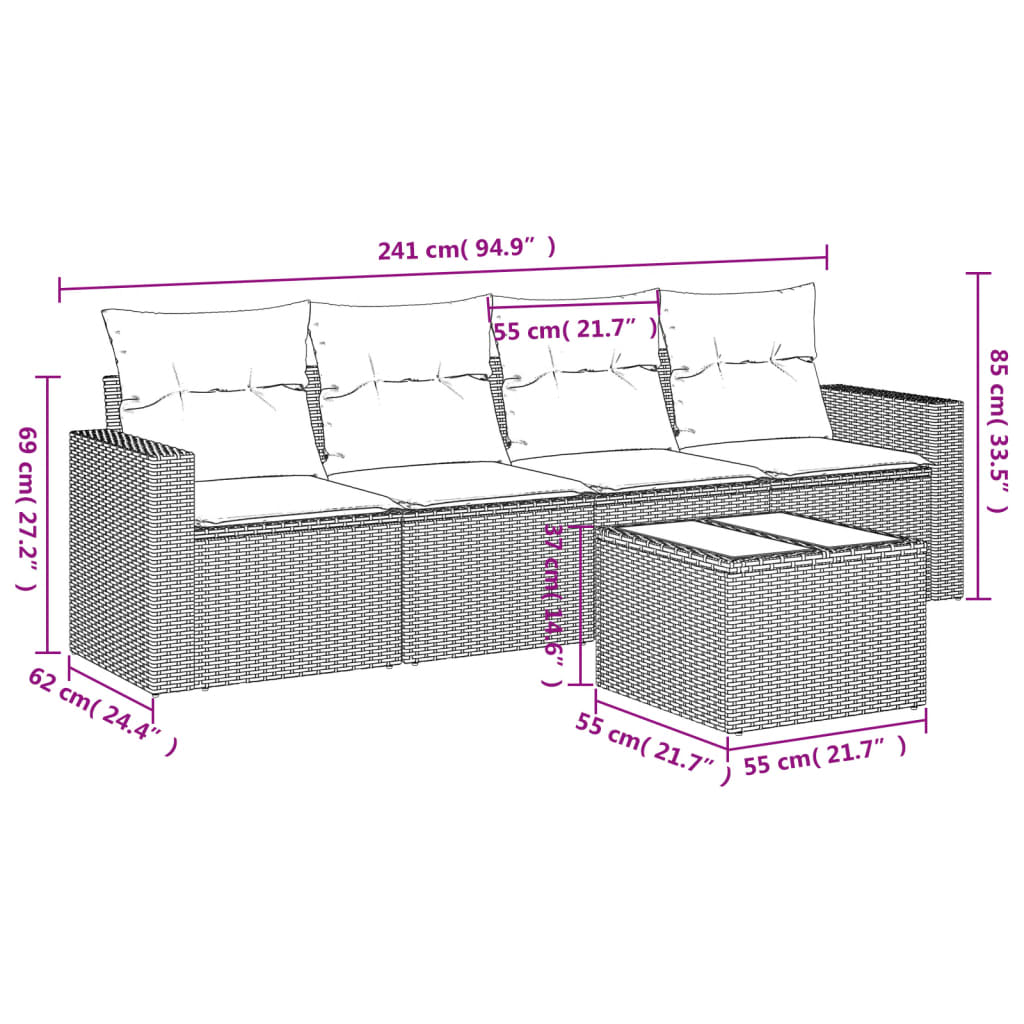 HKH 5 Pcs Conjunto Sofás de Jardim com Almofadões Vime Pe - Preto