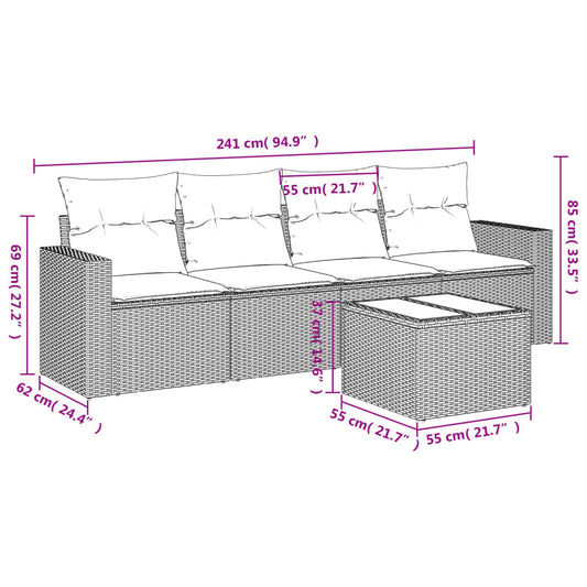 HKH 5 Pcs Conjunto Sofás de Jardim C/ Almofadões Vime Pe - Cinzento