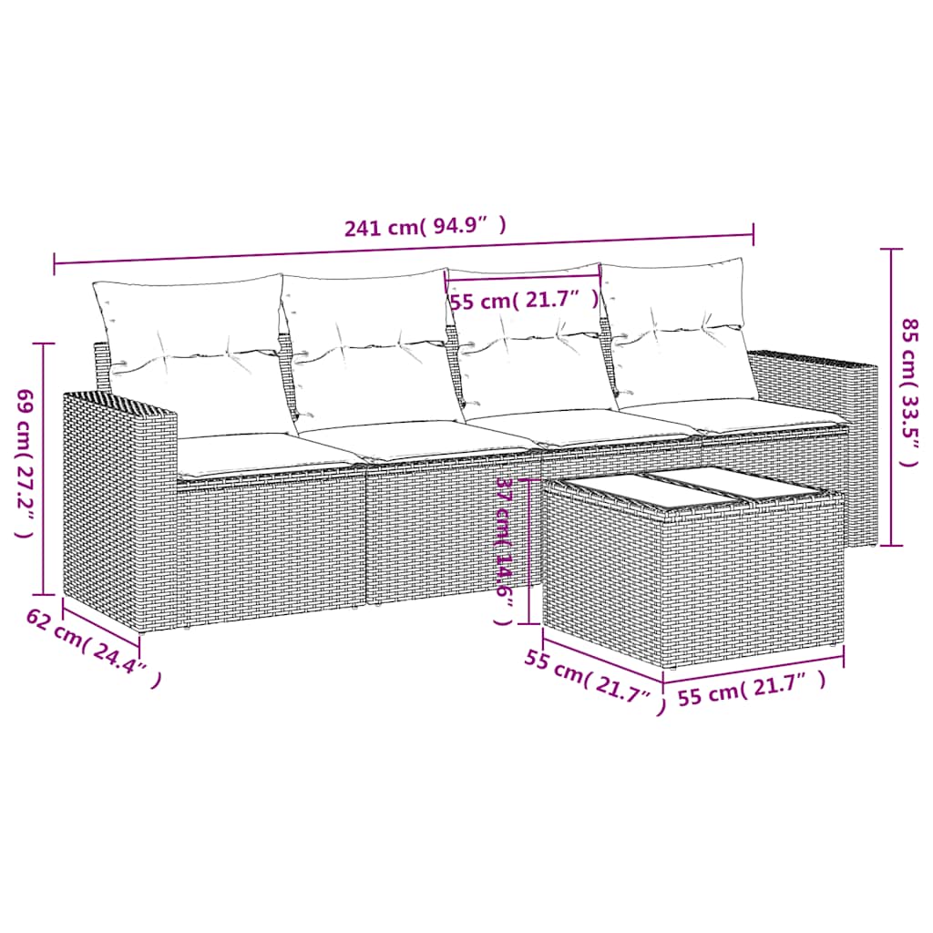 HKH 5 Pcs Conj. Sofás Jardim C/ Almofadões Vime Pe -claro - Cinzento