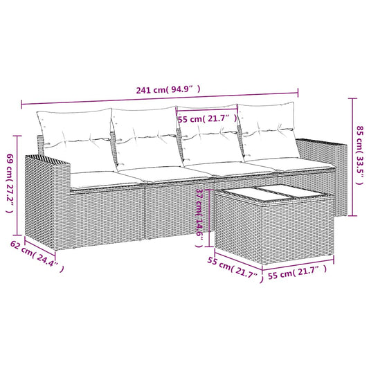 HKH 5 Pcs Conj. Sofás Jardim C/ Almofadões Vime Pe -claro - Cinzento