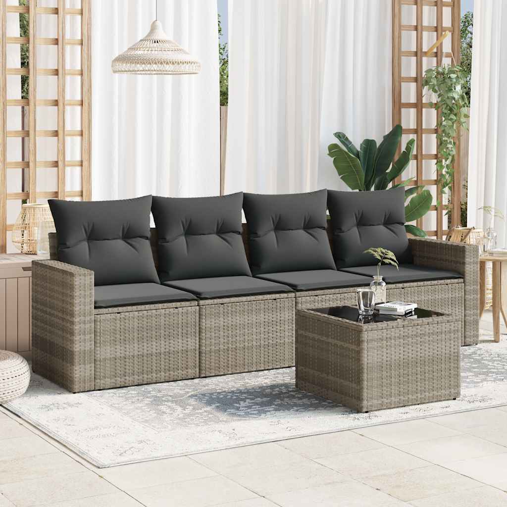 HKH 5 Pcs Conj. Sofás Jardim C/ Almofadões Vime Pe -claro - Cinzento