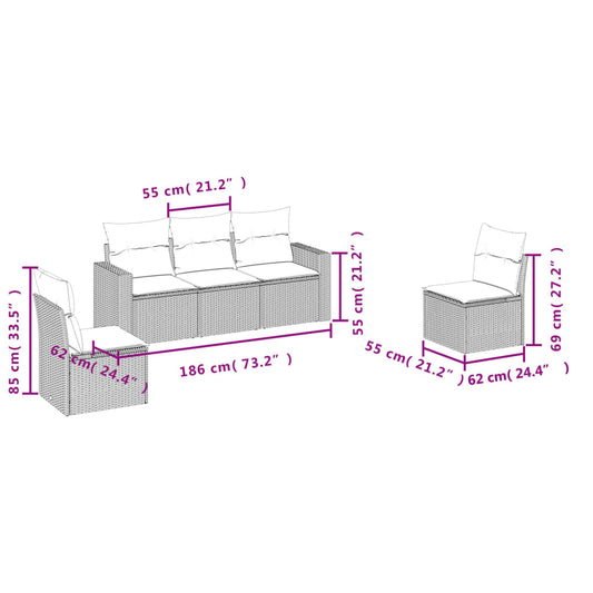 HKH 5 Pcs Conjunto de Sofás P/ Jardim com Almofadões Vime Pe - Bege