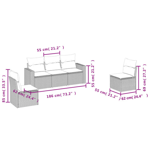 HKH 5 Pcs Conjunto Sofás de Jardim C/ Almofadões Vime Pe - Cinzento