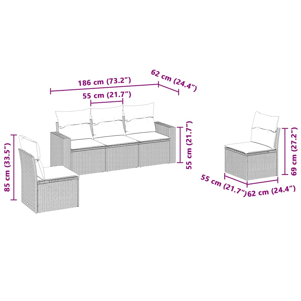 HKH 5 Pcs Conj. Sofás Jardim C/ Almofadões Vime Pe -claro - Cinzento