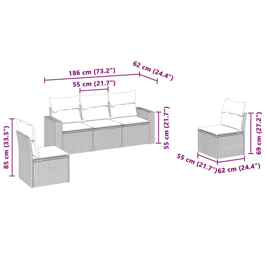 HKH 5 Pcs Conj. Sofás Jardim C/ Almofadões Vime Pe -claro - Cinzento