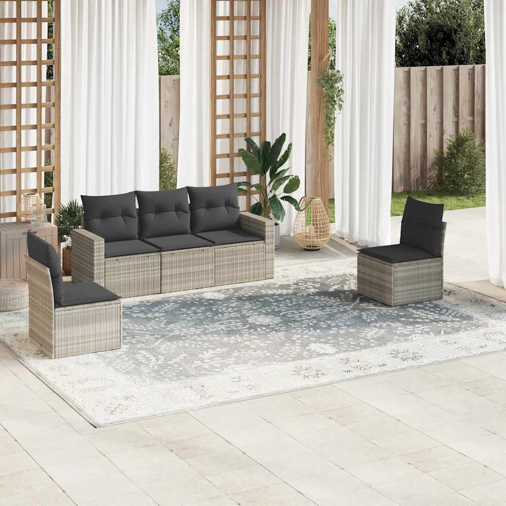 HKH 5 Pcs Conj. Sofás Jardim C/ Almofadões Vime Pe -claro - Cinzento