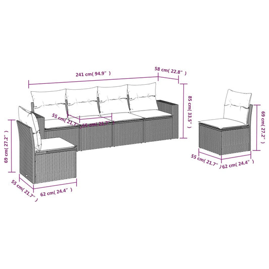 HKH 6 Pcs Conjunto Sofás de Jardim C/ Almofadões Vime Pe - Preto