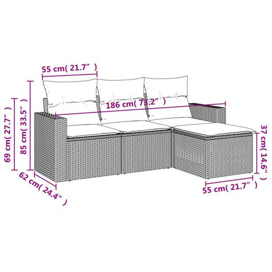 HKH 4 Pcs Conjunto de Sofás para Jardim C/ Almofadões Vime Pe - Bege