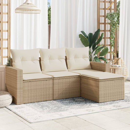 HKH 4 Pcs Conjunto de Sofás para Jardim C/ Almofadões Vime Pe - Bege