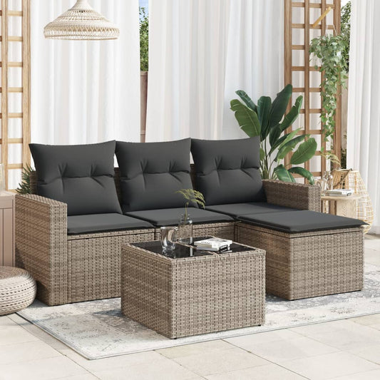 HKH 5 Pcs Conjunto Sofás de Jardim C/ Almofadões Vime Pe - Cinzento