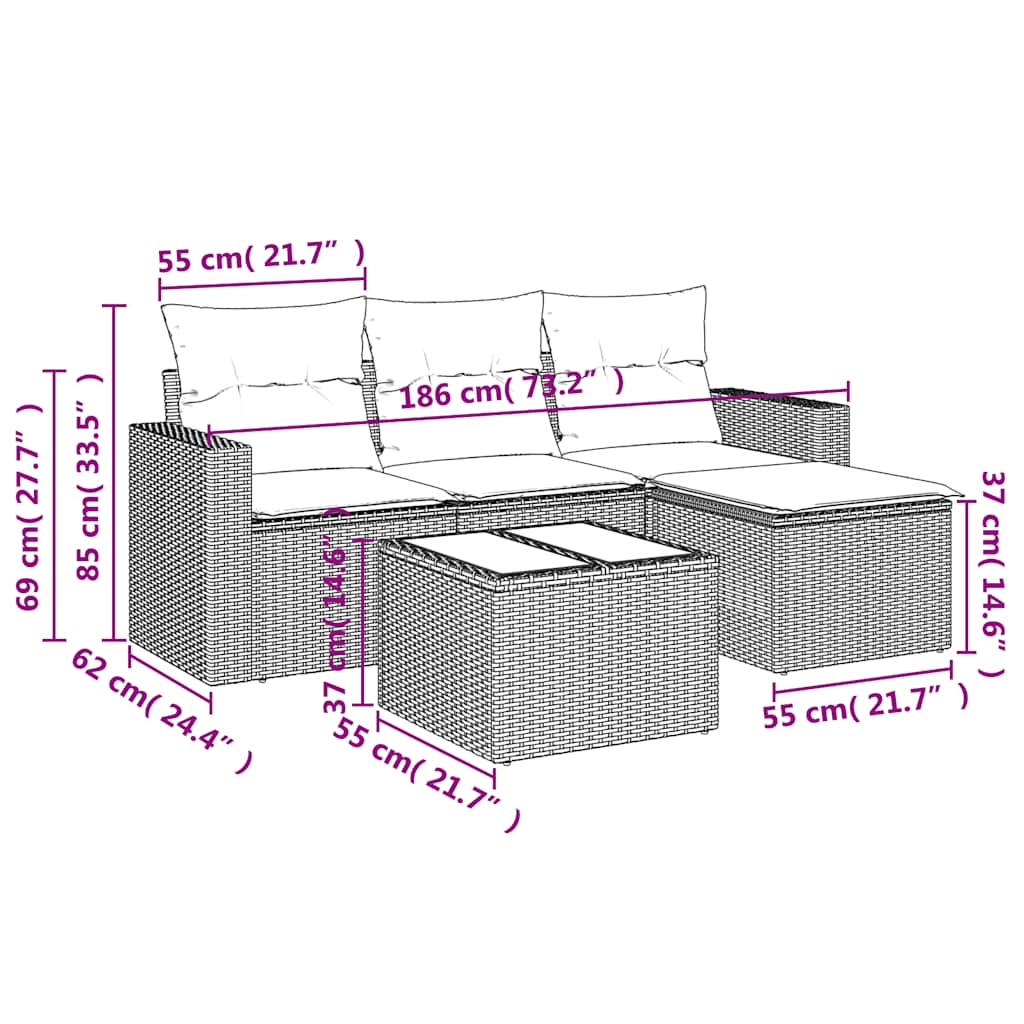 HKH 5 Pcs Conj. Sofás Jardim C/ Almofadões Vime Pe -claro - Cinzento
