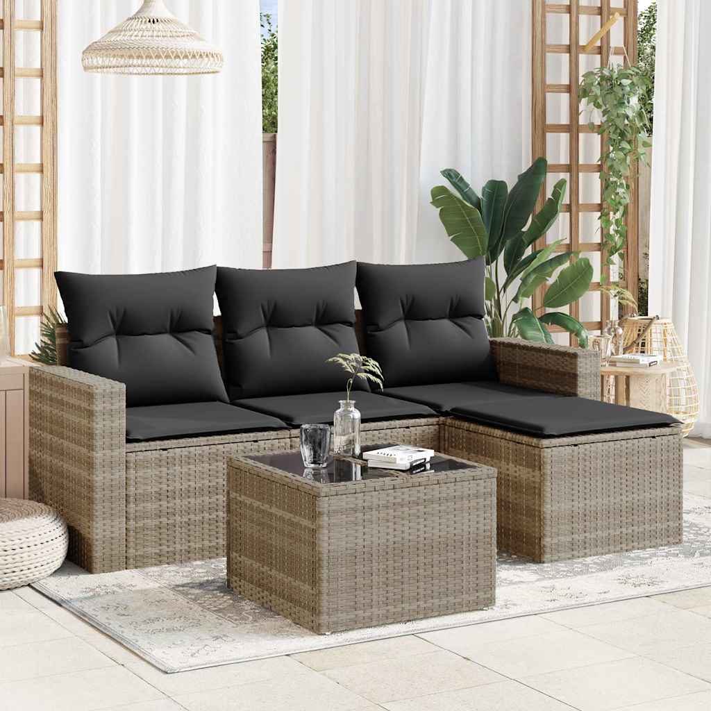 HKH 5 Pcs Conj. Sofás Jardim C/ Almofadões Vime Pe -claro - Cinzento