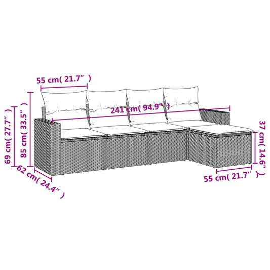 HKH 5 Pcs Conjunto Sofás de Jardim C/ Almofadões Vime Pe Cinzento - Cinzeto