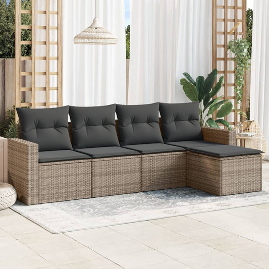 HKH 5 Pcs Conjunto Sofás de Jardim C/ Almofadões Vime Pe Cinzento - Cinzeto