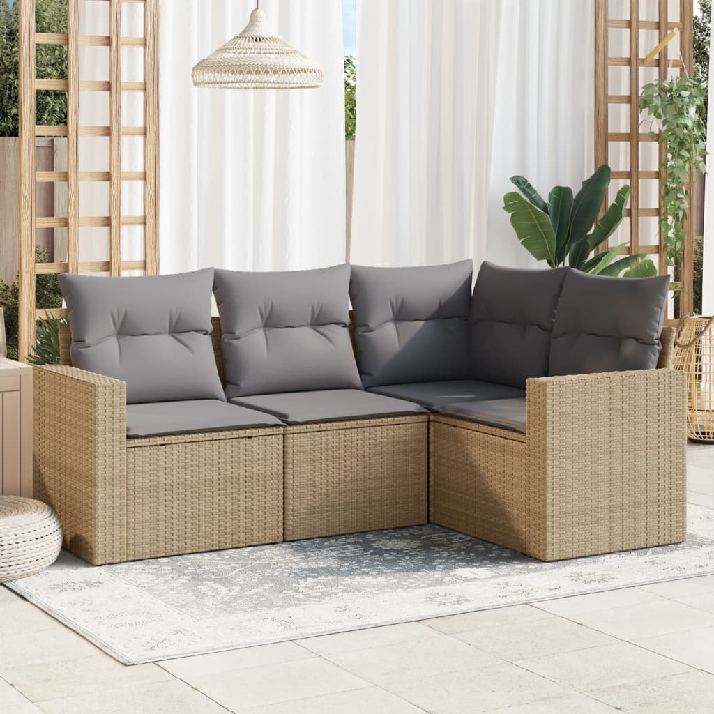 HKH 4 Pcs Conjunto de Sofás para Jardim C/ Almofadões Vime Pe - Bege