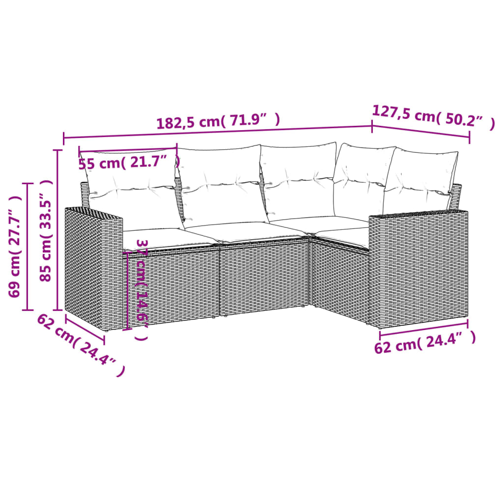 HKH 4 Pcs Conjunto Sofás de Jardim C/ Almofadões Vime Pe - Cinzento