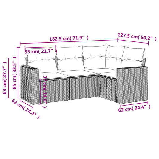 HKH 4 Pcs Conjunto Sofás de Jardim C/ Almofadões Vime Pe - Cinzento