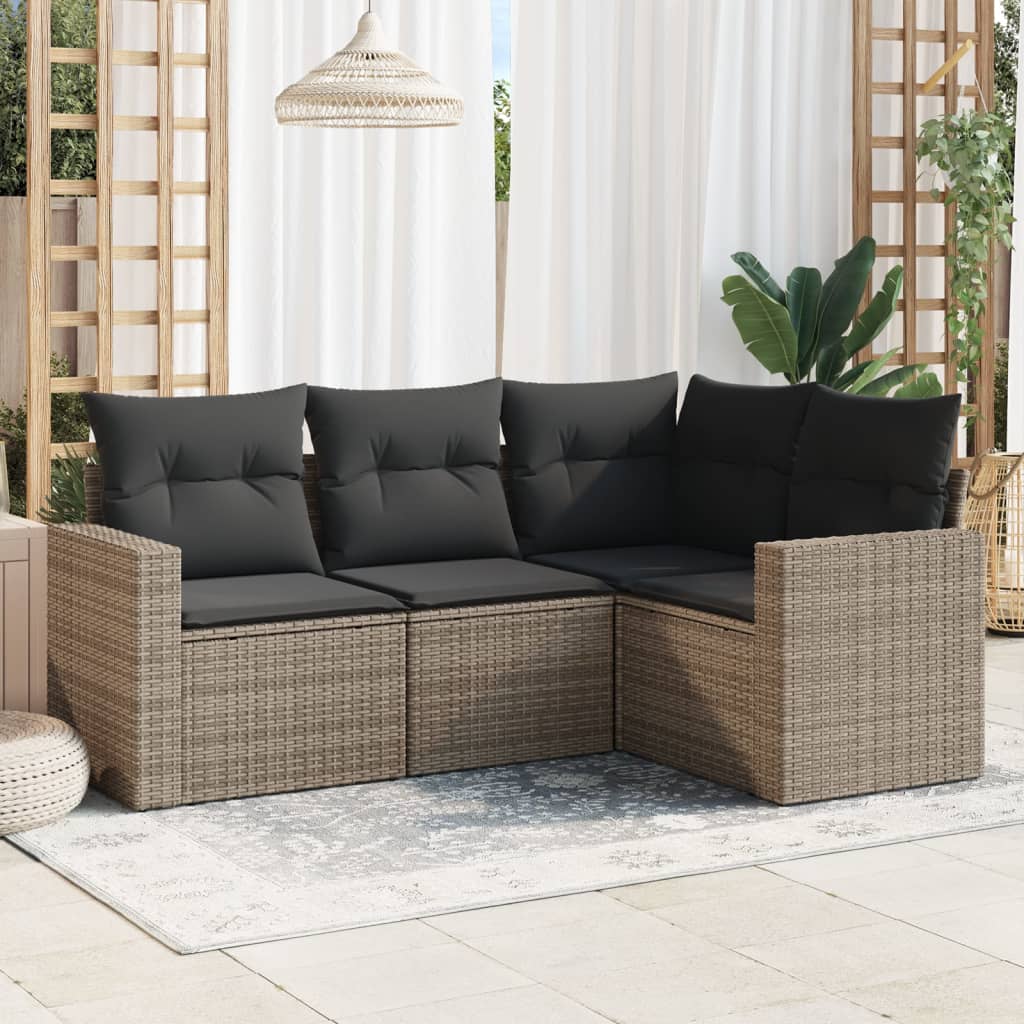 HKH 4 Pcs Conjunto Sofás de Jardim C/ Almofadões Vime Pe - Cinzento