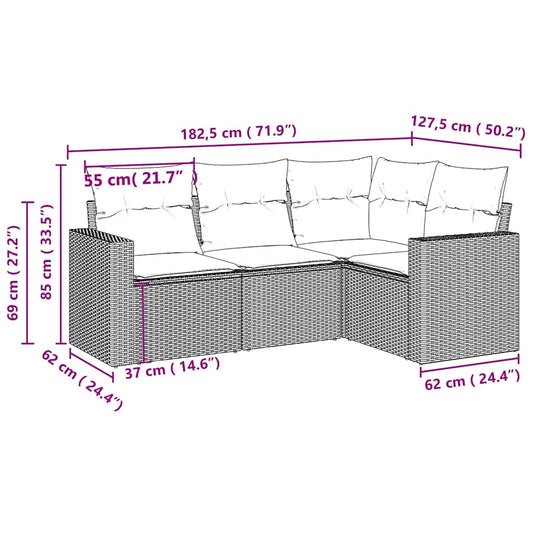HKH 4 Pcs Conj. Sofás Jardim C/ Almofadões Vime Pe -claro - Cinzento