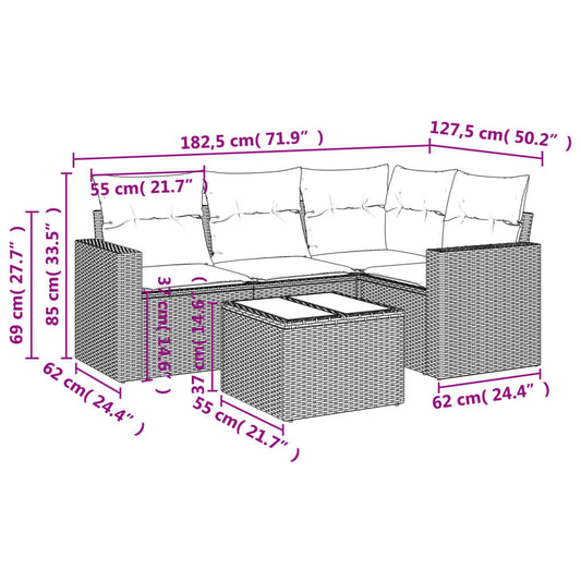 HKH 5 Pcs Conjunto Sofás de Jardim C/ Almofadões Vime Pe - Cinzento