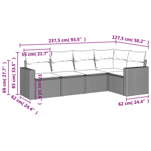 HKH 5 Pcs Conjunto Sofás de Jardim C/ Almofadões Vime Pe - Cinzento