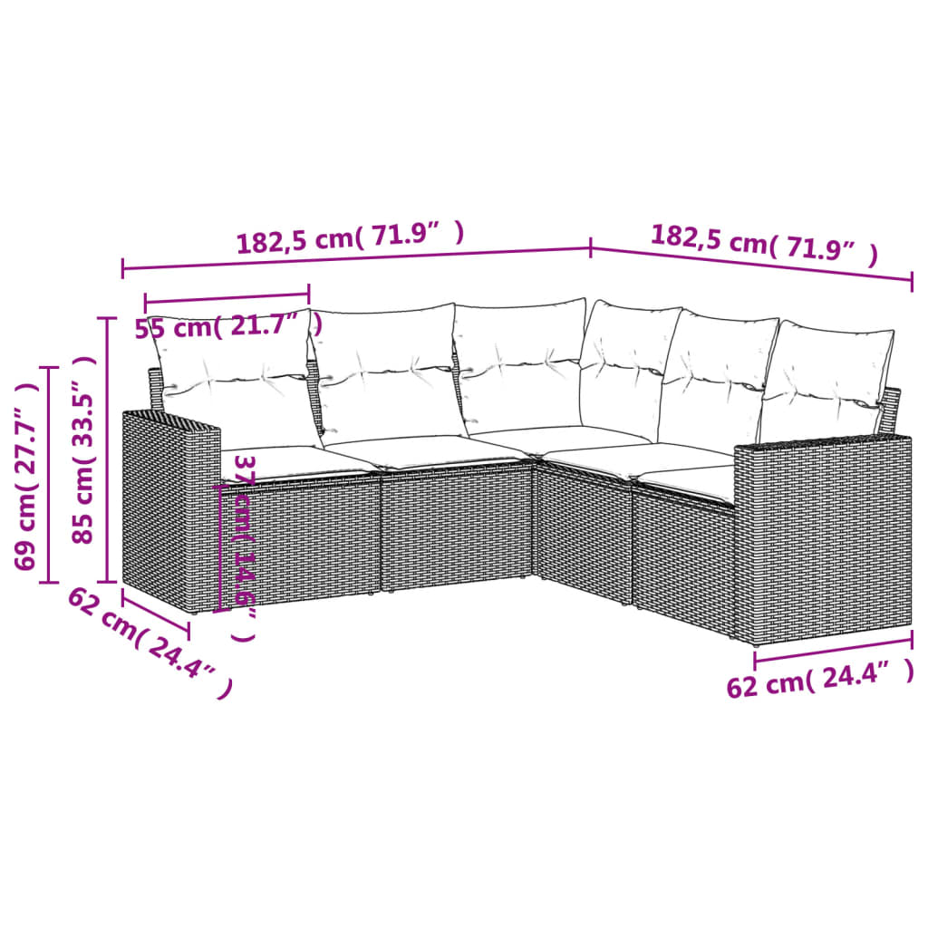 HKH 5 Pcs Conjunto Sofás de Jardim C/ Almofadões Vime Pe - Cinzento