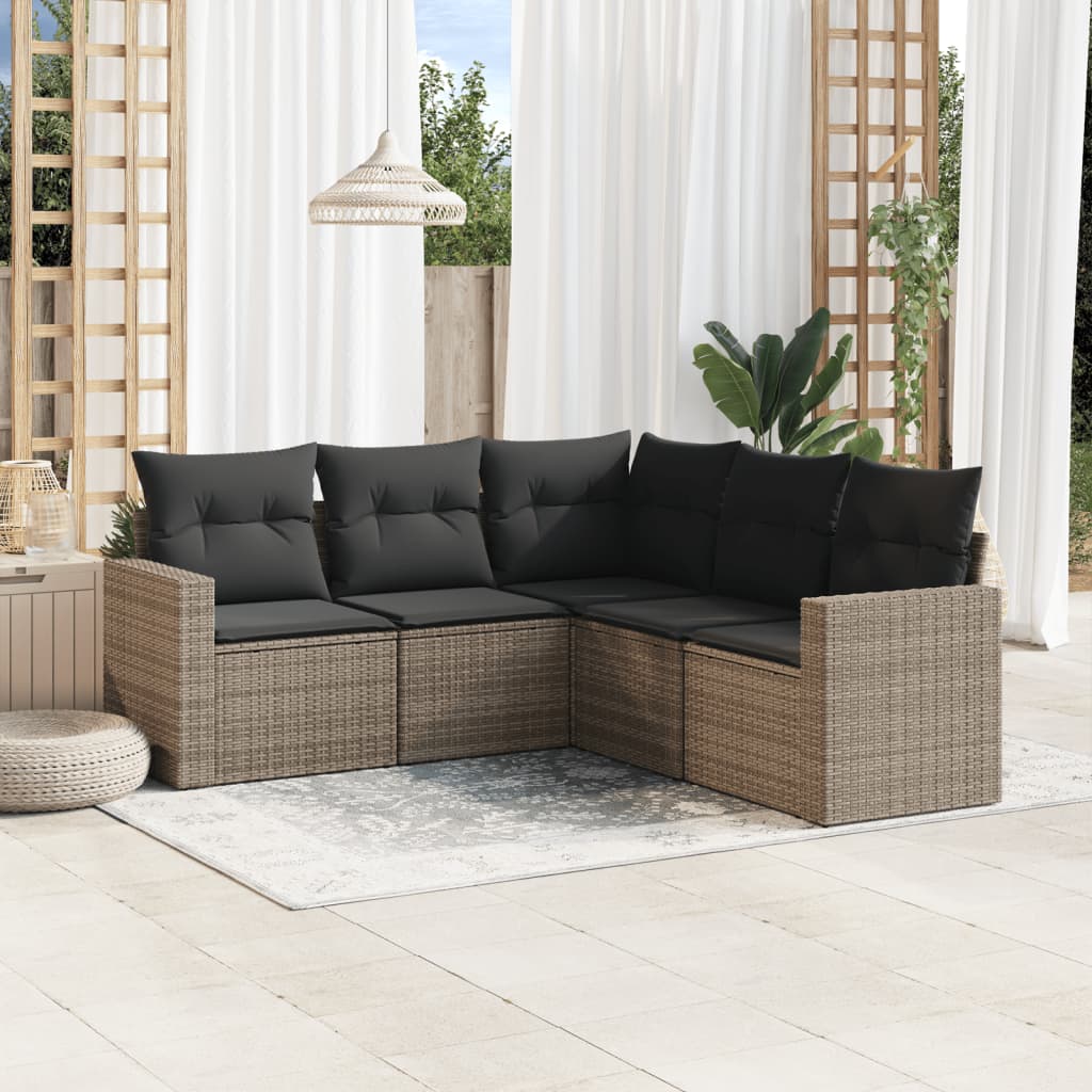 HKH 5 Pcs Conjunto Sofás de Jardim C/ Almofadões Vime Pe - Cinzento