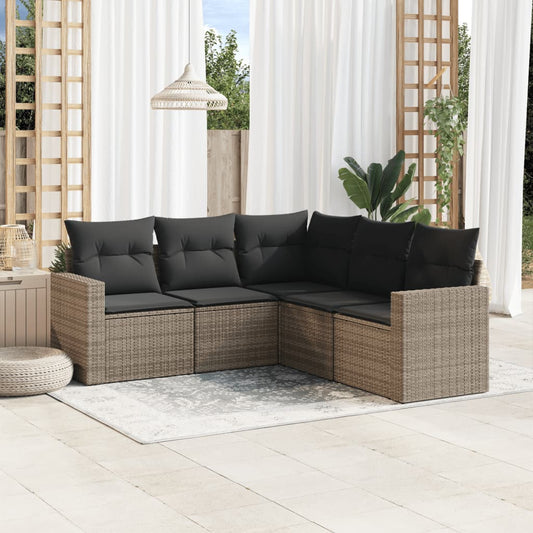 HKH 5 Pcs Conjunto Sofás de Jardim C/ Almofadões Vime Pe - Cinzento