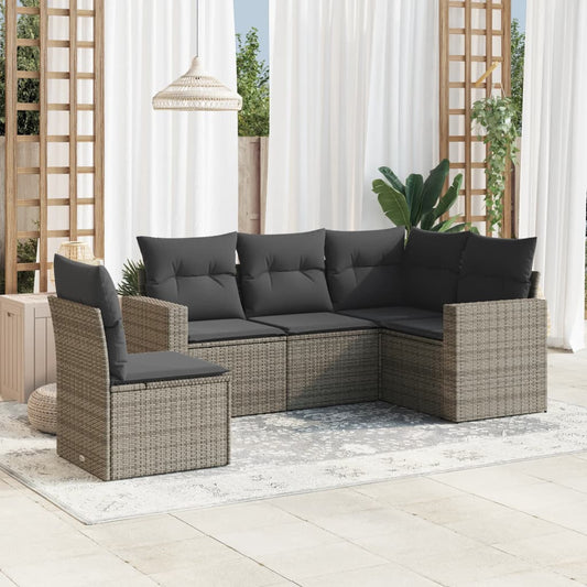 HKH 5 Pcs Conjunto Sofás de Jardim C/ Almofadões Vime Pe - Cinzento