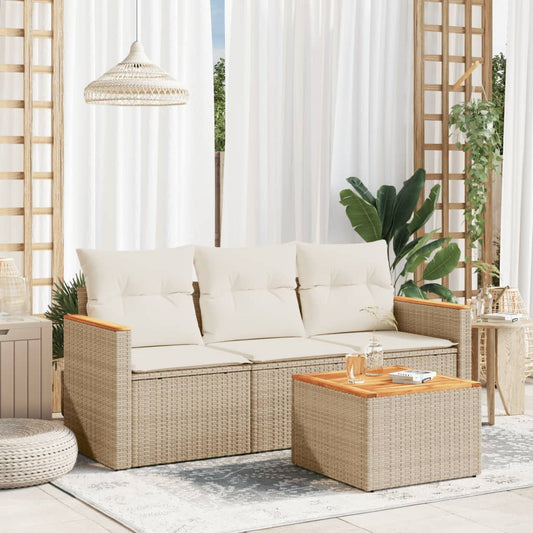 HKH 4 Pcs Conjunto de Sofás para Jardim C/ Almofadões Vime Pe - Bege