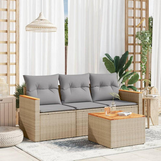 HKH 4 Pcs Conj. Sofás Jardim C/ Almofadões Vime Pe Misturado - Bege
