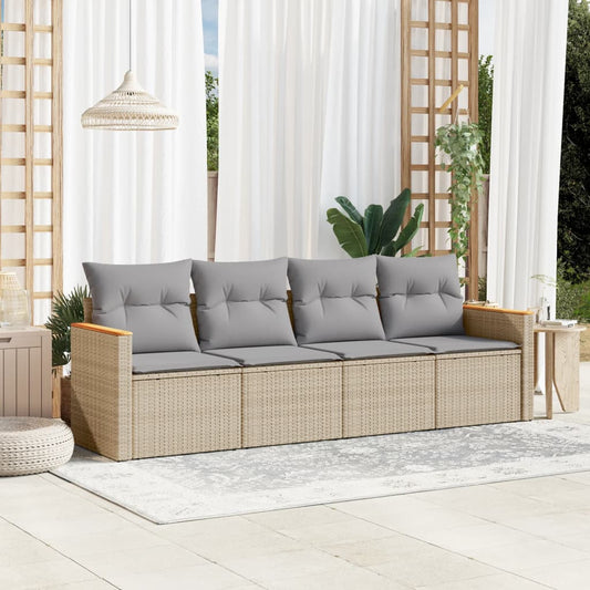HKH 4 Pcs Conj. Sofás Jardim C/ Almofadões Vime Pe Misturado - Bege