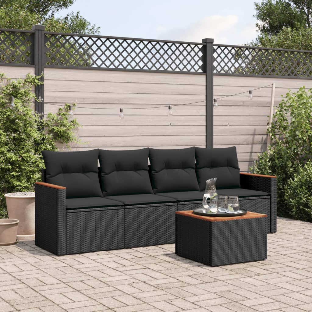 HKH 5 Pcs Conjunto Sofás de Jardim com Almofadões Vime Pe - Preto