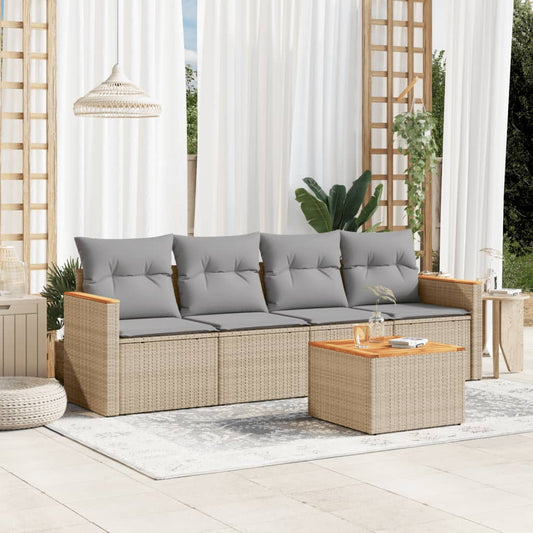 HKH 5 Pcs Conj. Sofás Jardim C/ Almofadões Vime Pe Misturado - Bege