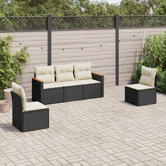 HKH 5 Pcs Conjunto Sofás de Jardim com Almofadões Vime Pe - Preto