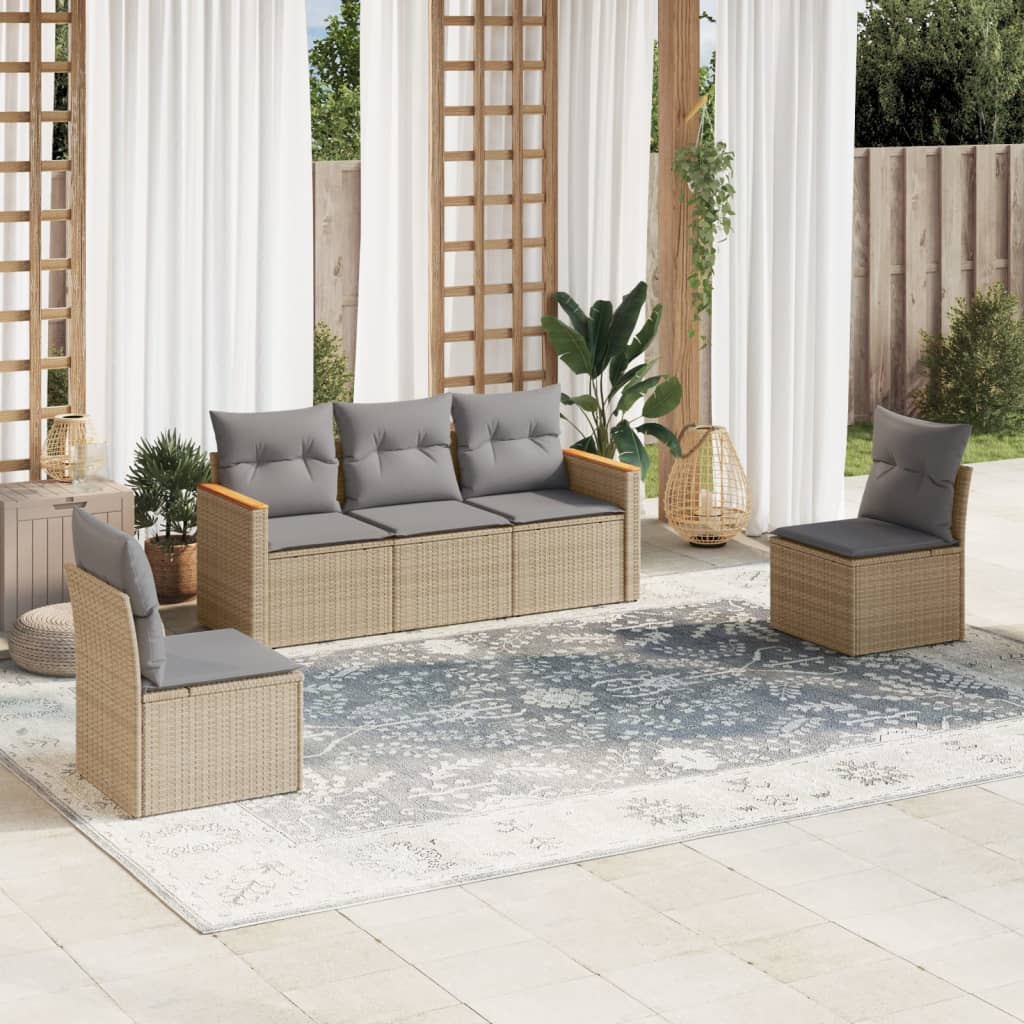 HKH 5 Pcs Conj. Sofás Jardim C/ Almofadões Vime Pe Misturado - Bege