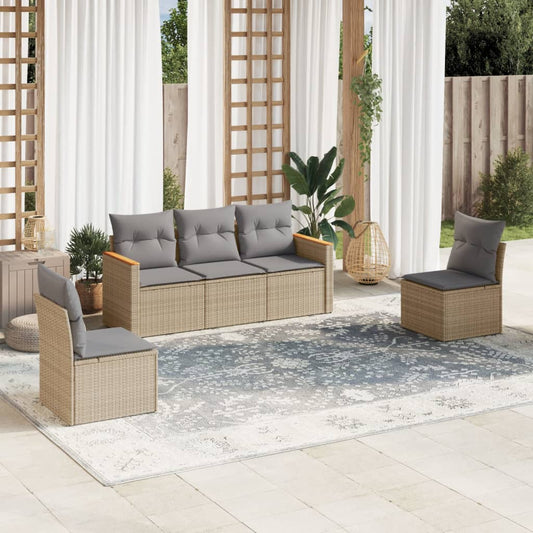 HKH 5 Pcs Conj. Sofás Jardim C/ Almofadões Vime Pe Misturado - Bege