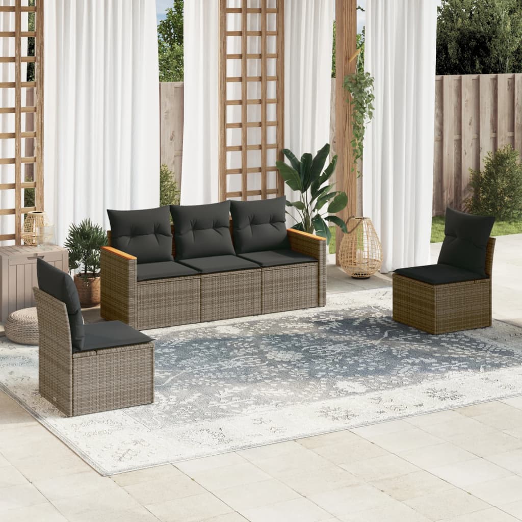 HKH 5 Pcs Conjunto Sofás de Jardim C/ Almofadões Vime Pe - Cinzento
