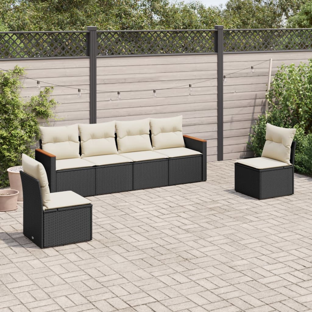 HKH 6 Pcs Conjunto Sofás de Jardim C/ Almofadões Vime Pe - Preto