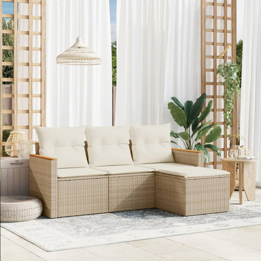 HKH 4 Pcs Conjunto de Sofás para Jardim C/ Almofadões Vime Pe - Bege