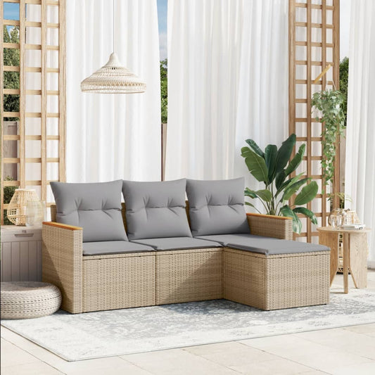 HKH 4 Pcs Conj. Sofás Jardim C/ Almofadões Vime Pe Misturado - Bege