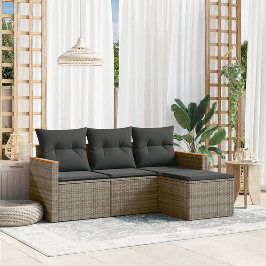 HKH 4 Pcs Conjunto Sofás de Jardim C/ Almofadões Vime Pe - Cinzento