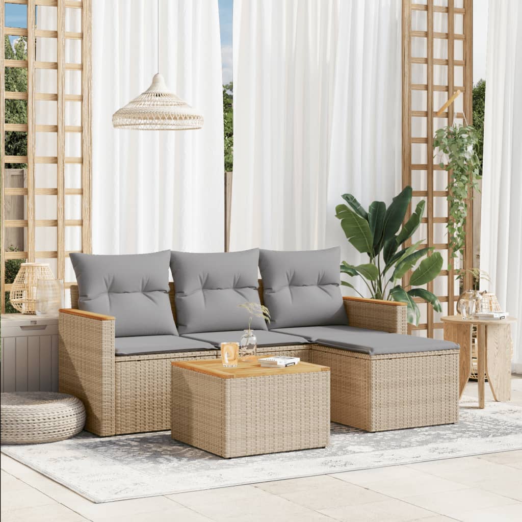 HKH 5 Pcs Conj. Sofás Jardim C/ Almofadões Vime Pe Misturado - Bege