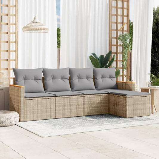 HKH 5 Pcs Conj. Sofás Jardim C/ Almofadões Vime Pe Misturado - Bege