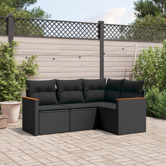 HKH 4 Pcs Conjunto de Sofás para Jardim C/ Almofadões Vime Pe - Preto